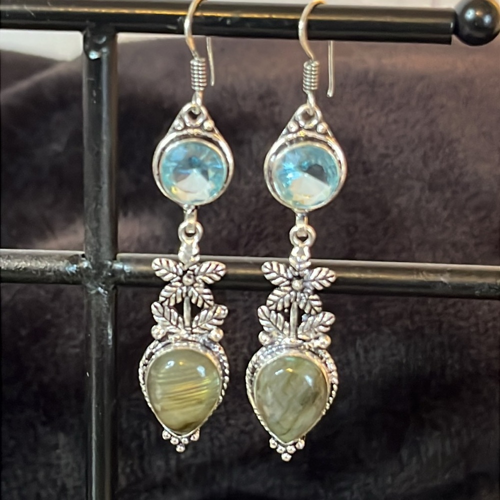 NWT BLUE TOPAZ , LABRADORITE 925 STERLING SILVER DROP FLOWER EARRINGS 2.2”